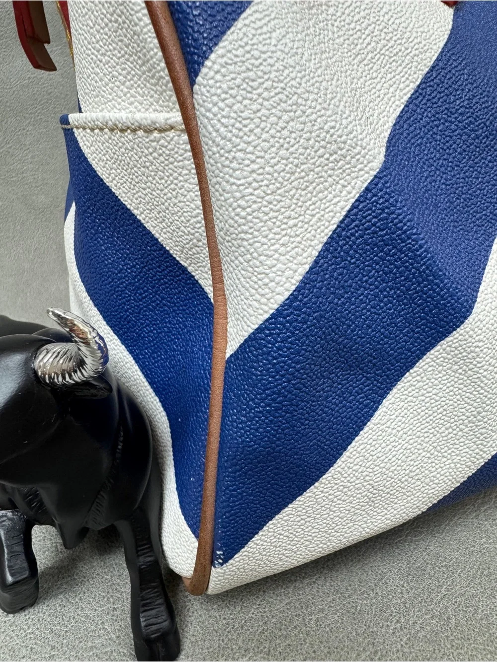 Dooney & Bourke Blue and White Chevron Duffel with Brown Leather Trim